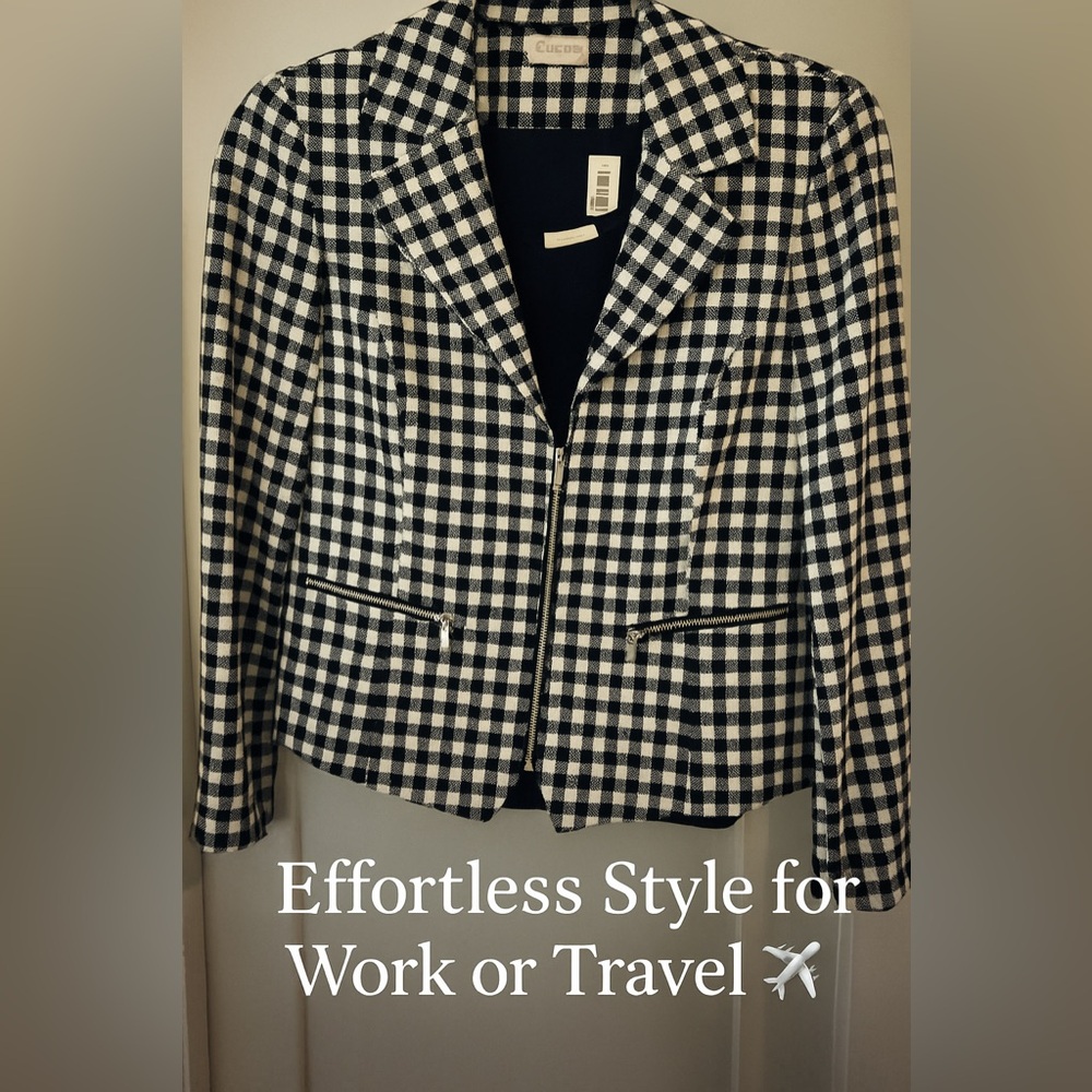 Chico’s Navy White Check Blazer Jacket Size 0 NWT